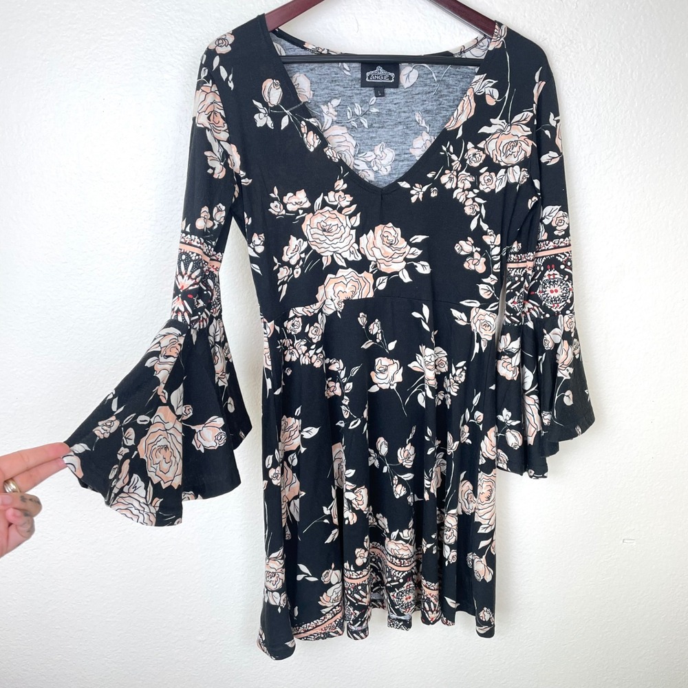 Y2K 90s Angie Dress Sz L Flare Sleeve Dark Fairy Whimsigoth Witchy V Neck Floral